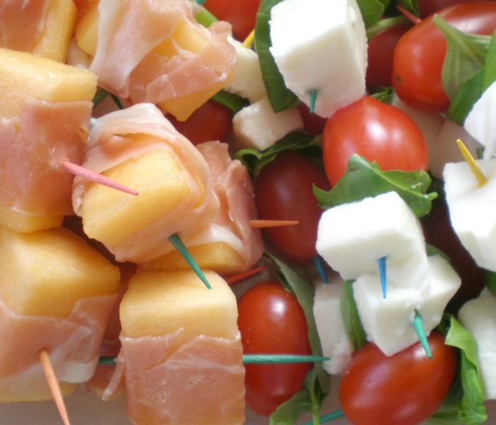 Caprese & Proscuitto Wrapped Melon Skewers